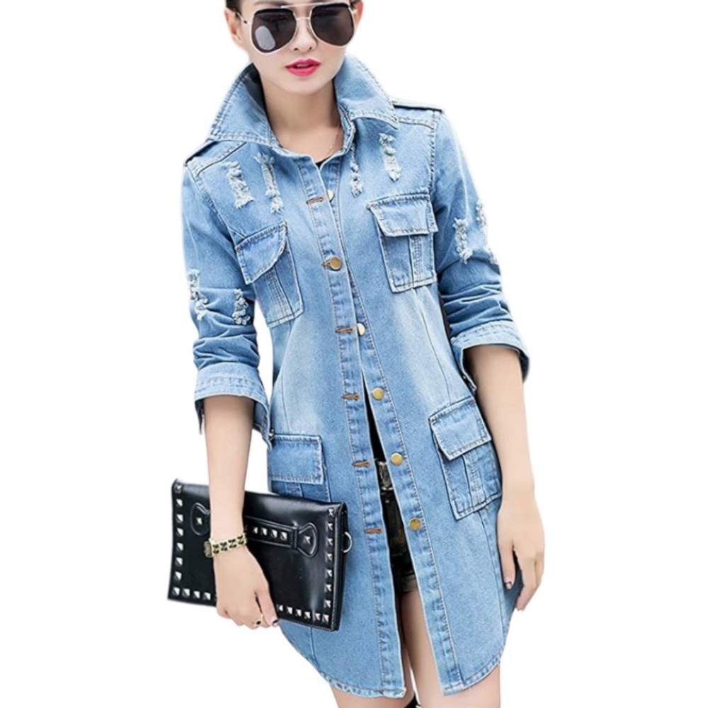 Tanming Women's Casual Distressed Denim Jacket Long Sleeve Ripped Jean